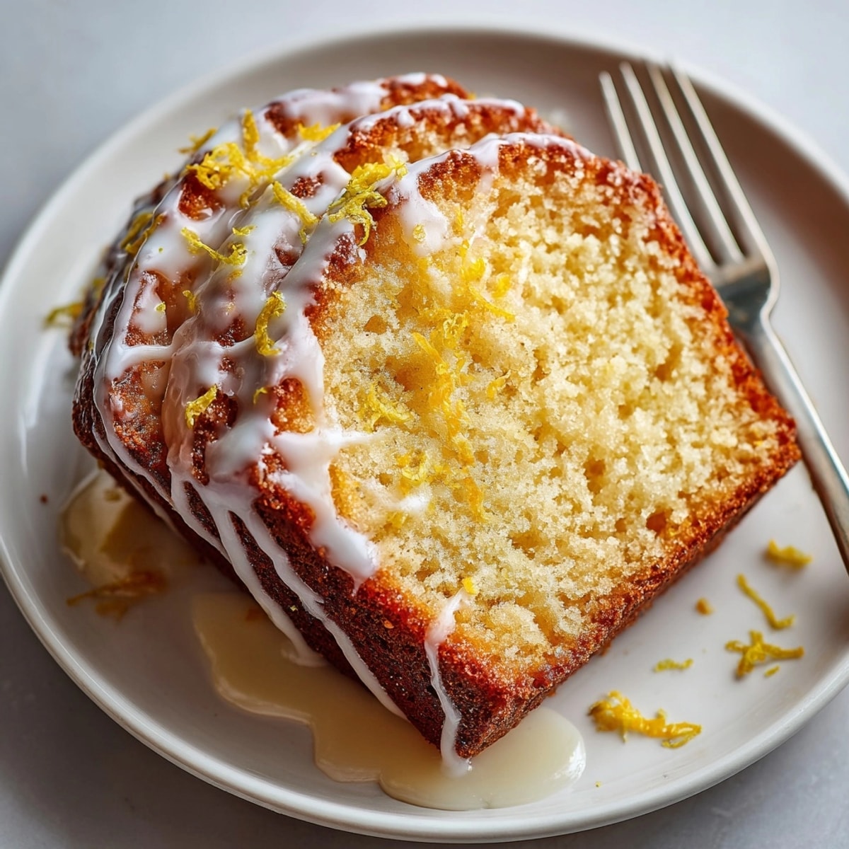 Close-up of Lemon Cream Cheese Bread with Citrus Glaze highlighting golden crust and glossy topping.