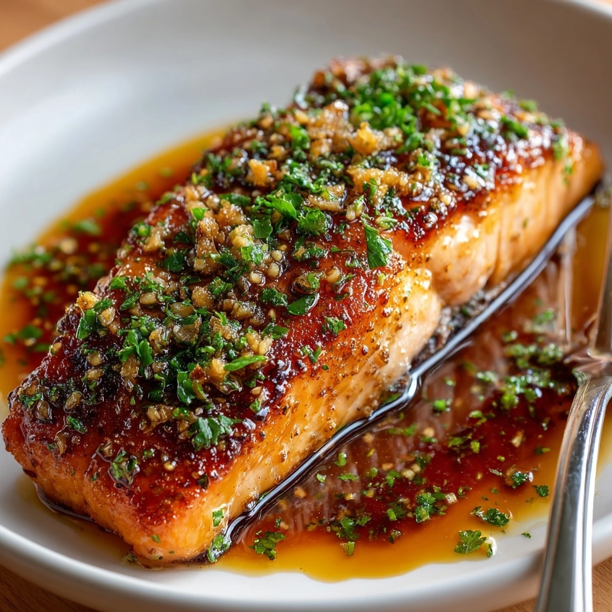 Glazed Brown Sugar Soy Salmon with Garlic and Lemon fillet, caramelized and flaky, served with vibrant green garnish.