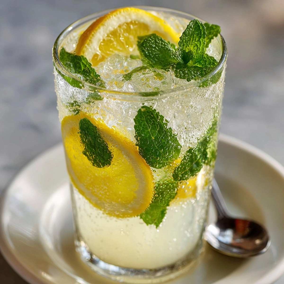 Chilled glasses of condensed milk lemonade garnished with lemon slices and fresh mint leaves.