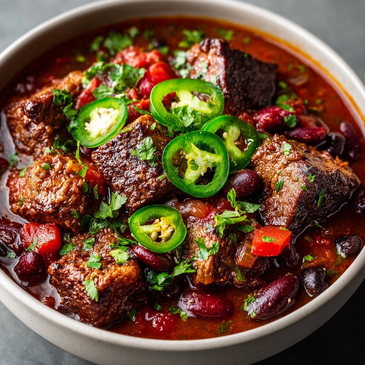 Hearty bowl of Short Rib and Chorizo Chili Recipe topped with fresh cilantro and cheese.