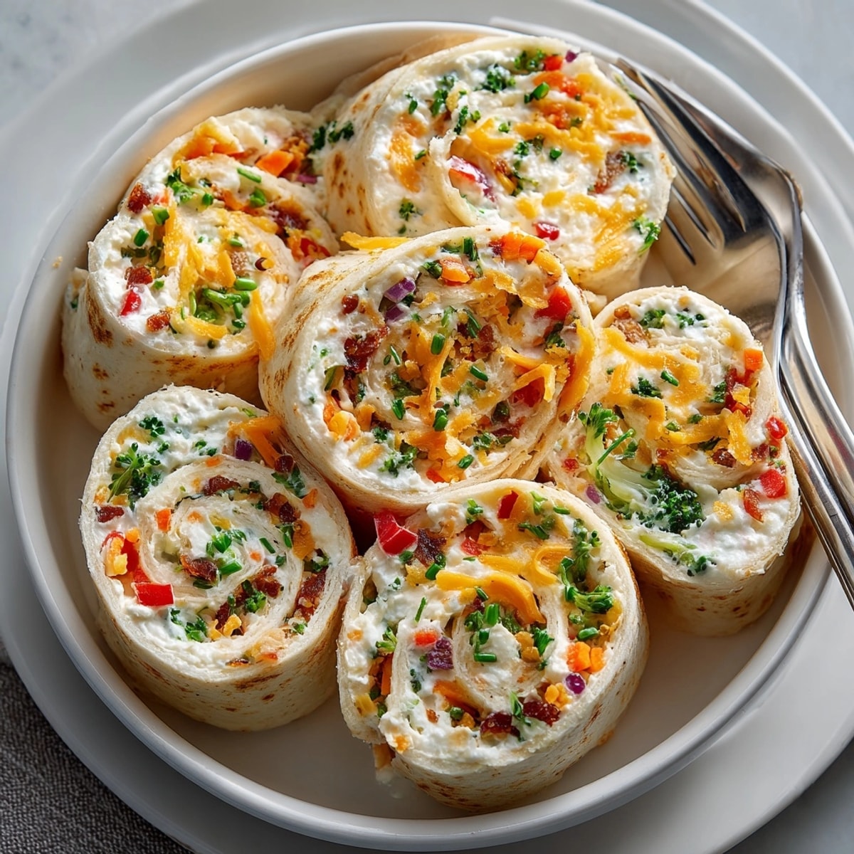 Fresh Vegetable Tortilla Roll Ups filled with colorful veggies and creamy cheese, served as pinwheels.