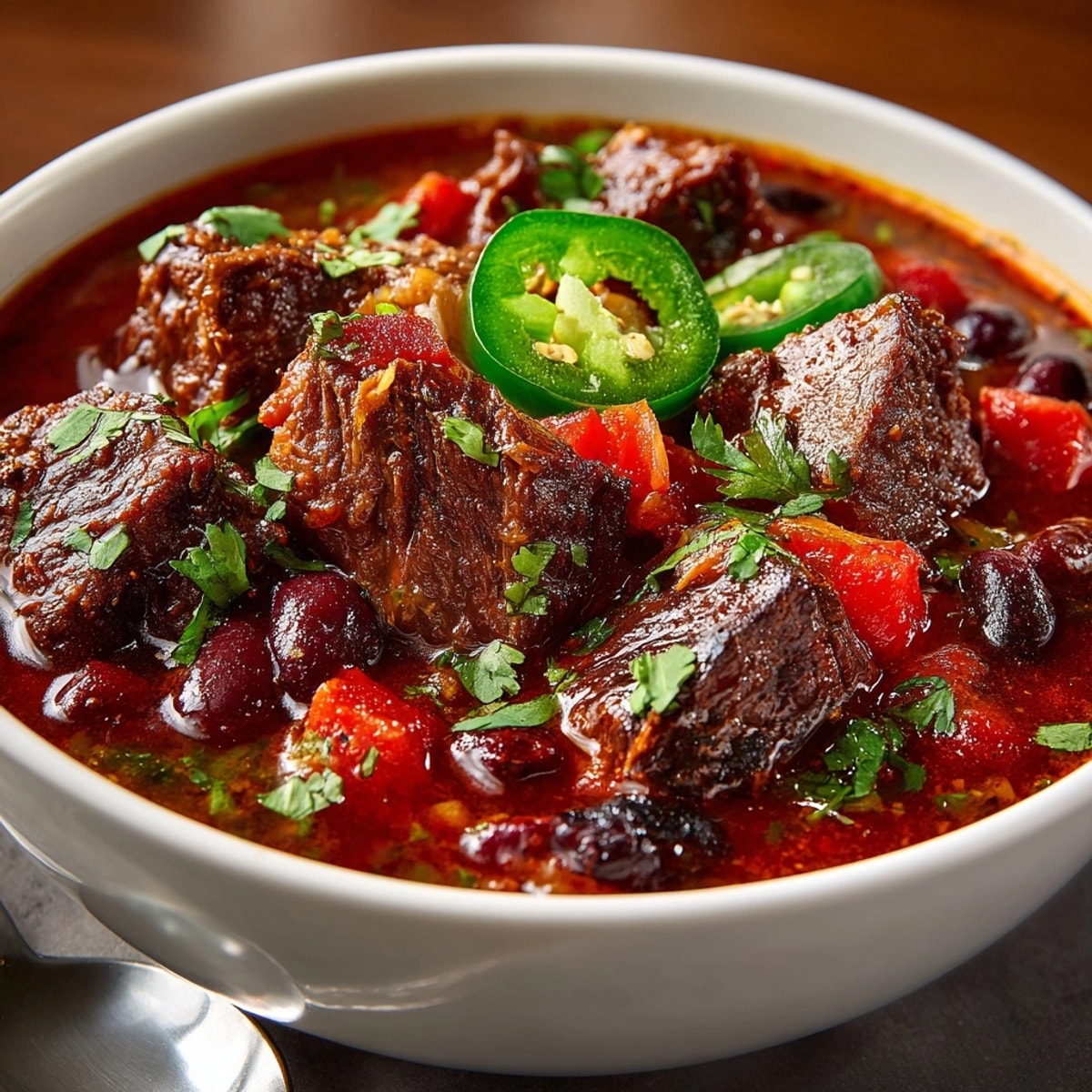 Closeup of steaming Short Rib and Chorizo Chili Recipe featuring tender meat and vibrant beans in a rustic pot.