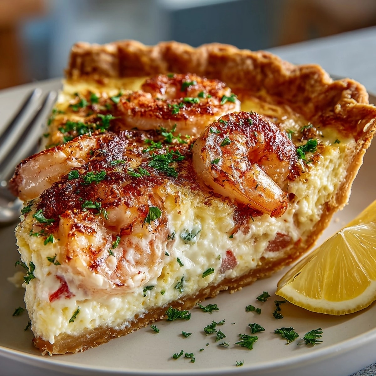Golden-baked Florida Shrimp Pie with melted cheddar, succulent shrimp, and vibrant bell peppers.