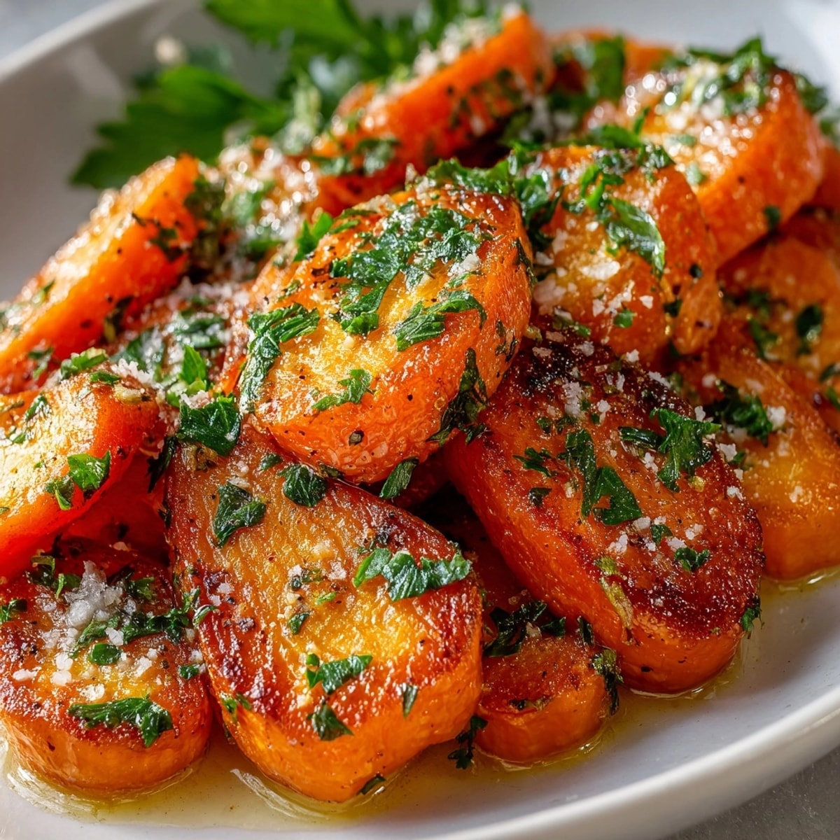 Roasted carrots recipe showing golden caramelized carrots garnished with fresh parsley on a serving platter.
