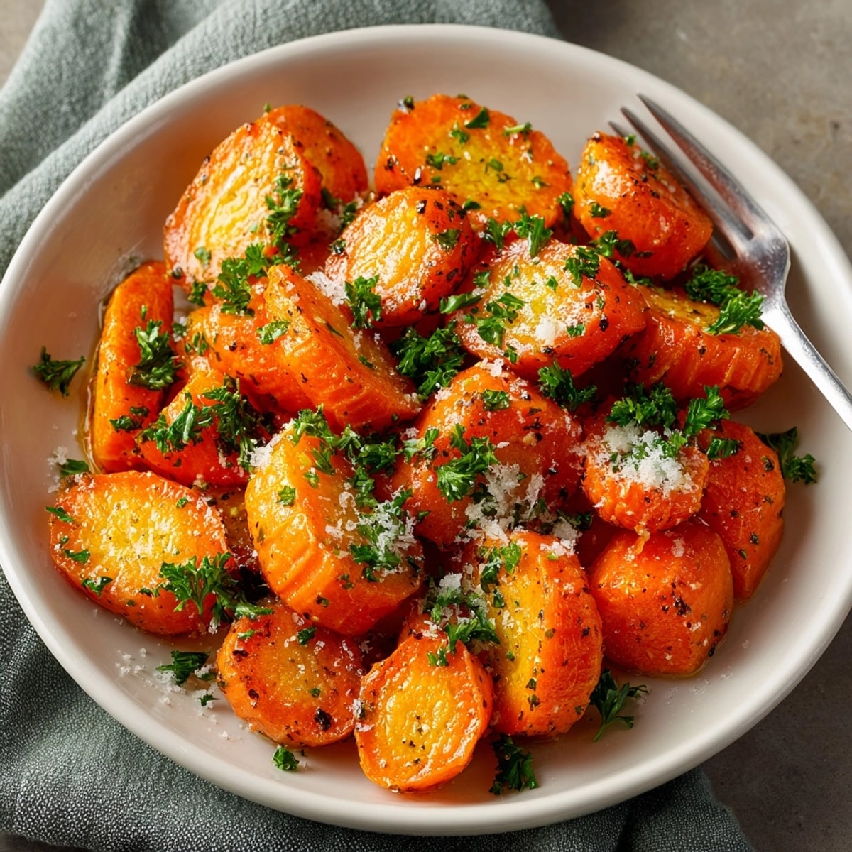 Close-up of roasted carrots recipe, glistening with olive oil and cracked black pepper, ready to serve.