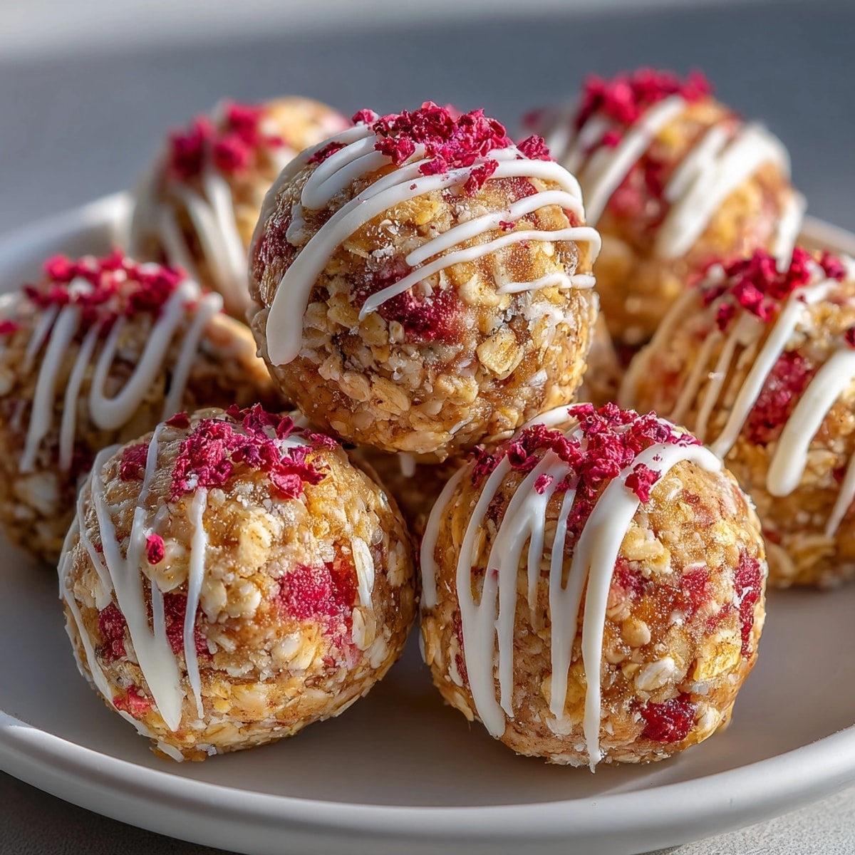 Strawberry Shortcake Energy Bites on a parchment-lined tray, drizzled with white chocolate and crushed berries.