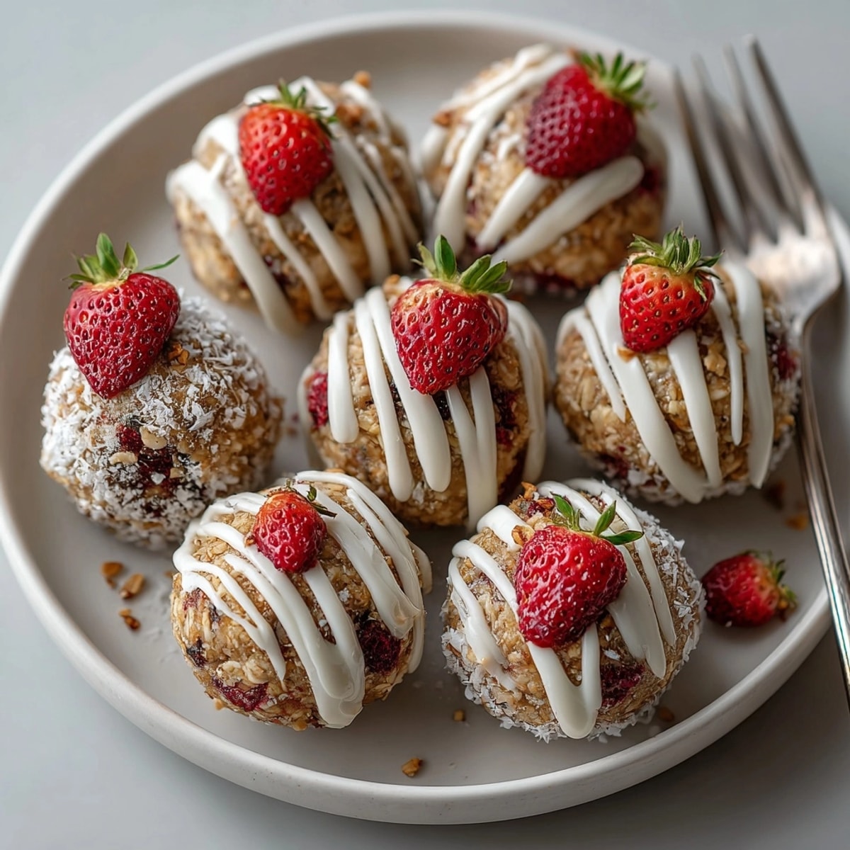 Fresh Strawberry Shortcake Energy Bites stacked and ready for healthy snacking, bursting with natural berry flavor.