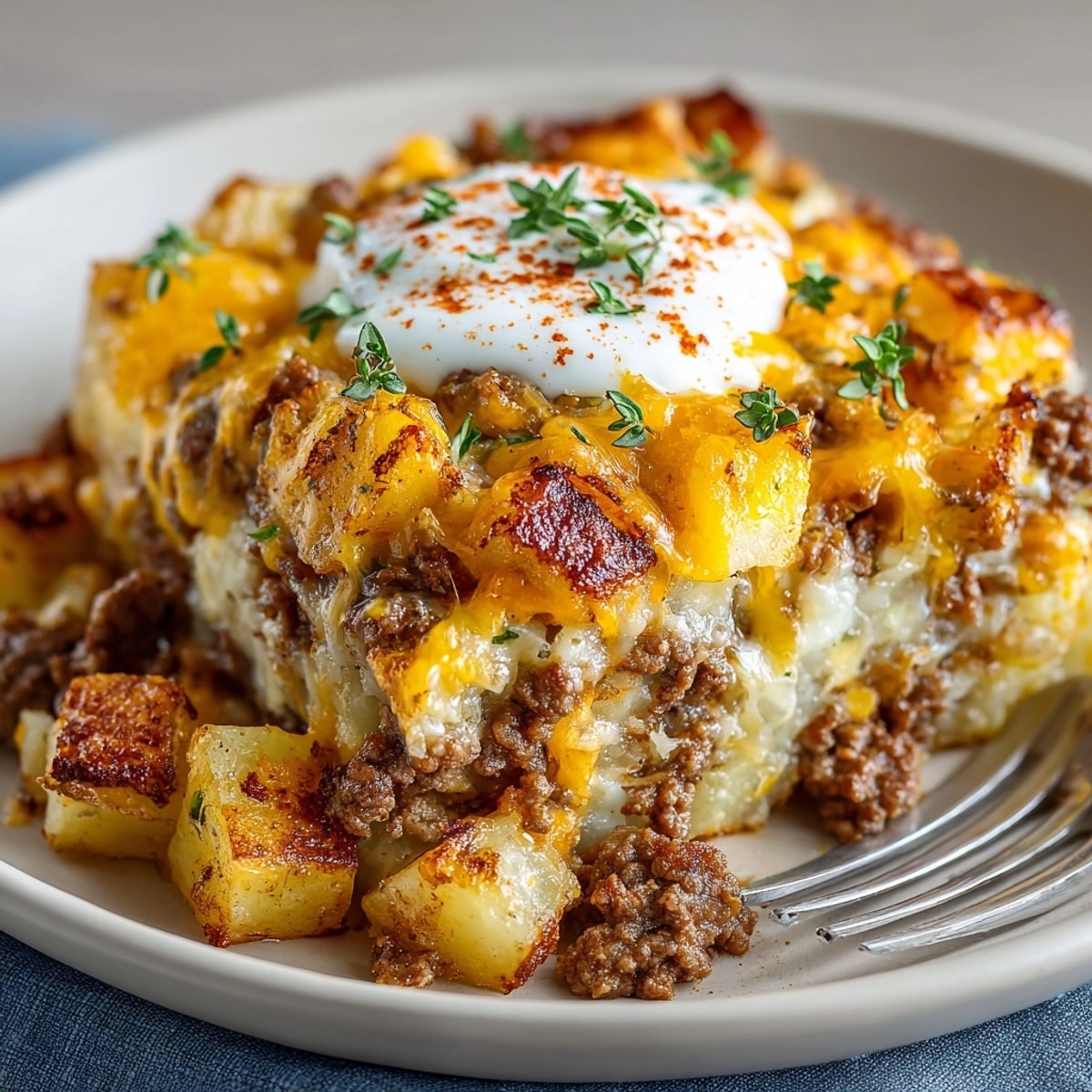 Ground Beef and Potatoes Casserole baked golden with melty cheese and savory aroma rising.