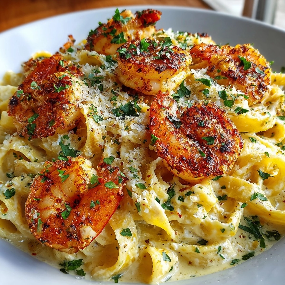 Creamy Cajun Shrimp Pasta tossed with fettuccine in a rich, spicy cream sauce, ready to serve.