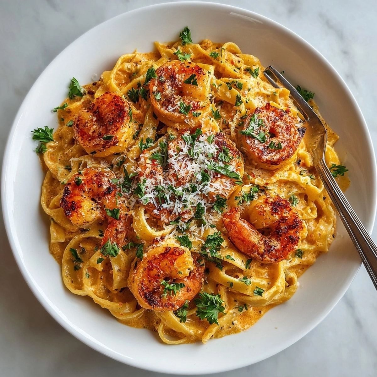 Close-up of Creamy Cajun Shrimp Pasta, showcasing tender shrimp, Parmesan, and silky sauce swirled together.