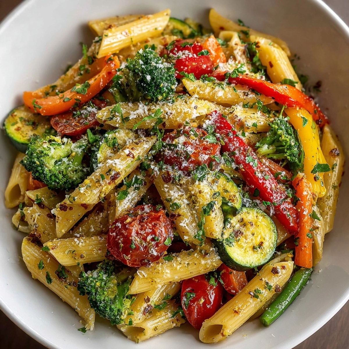 Close-up of colorful Garlic Herb Pasta Primavera showing al dente noodles and fresh vegetables.