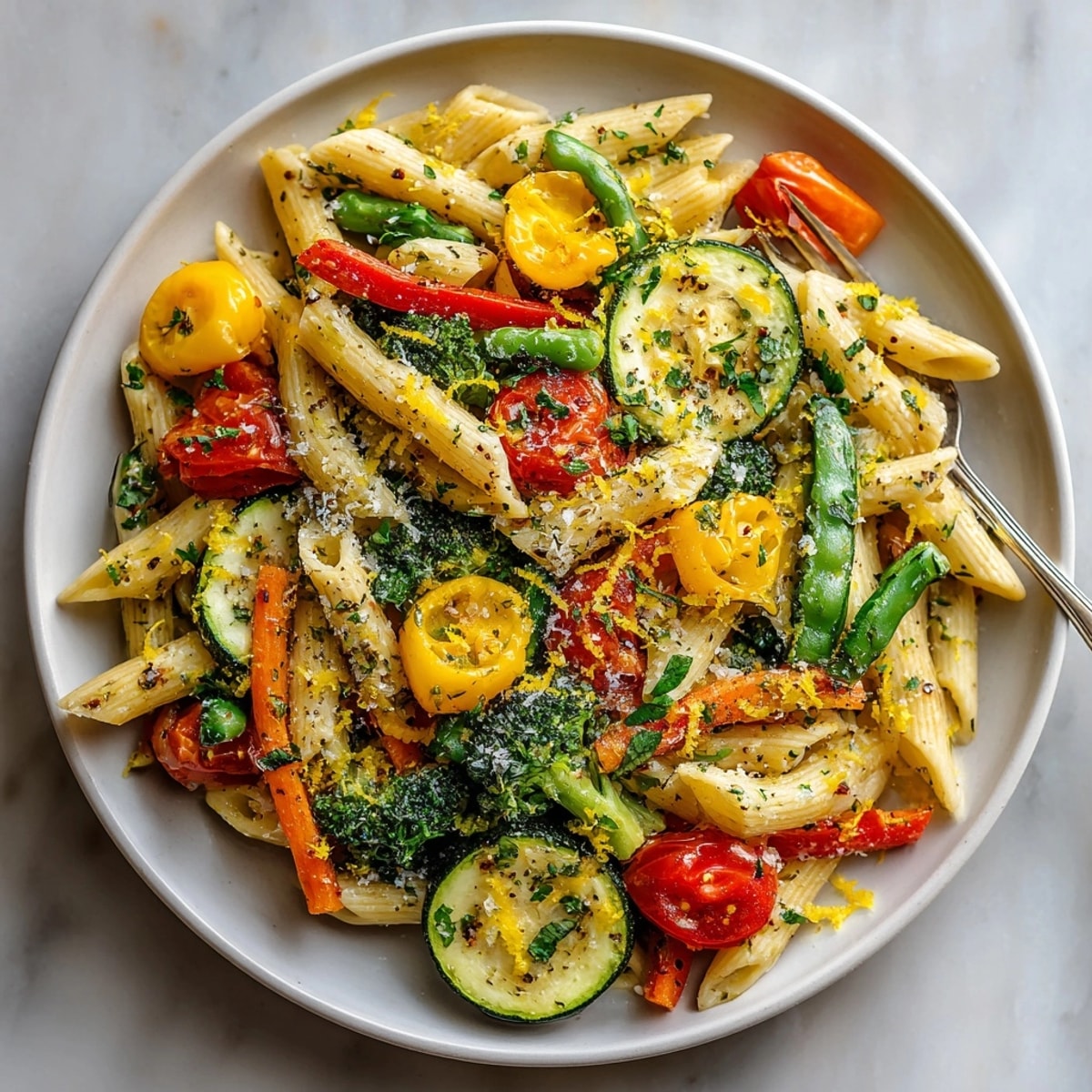 A bowl of steaming Garlic Herb Pasta Primavera, garnished with Parmesan and aromatic herbs.