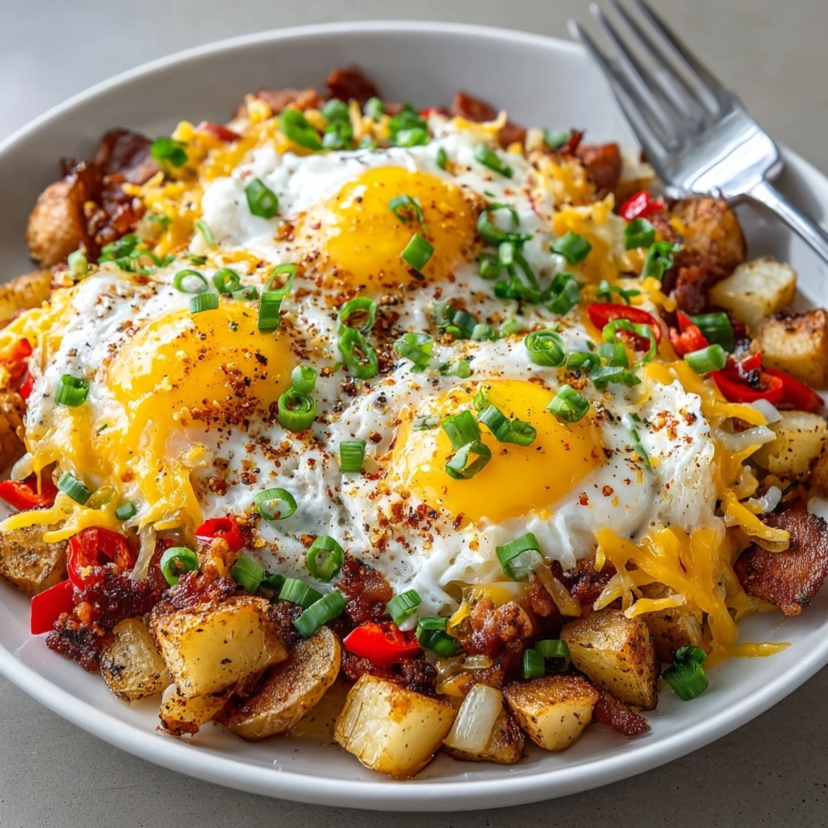 Golden Cheesy Bacon Breakfast Hash: crispy potatoes, savory bacon, and runny eggs on display.