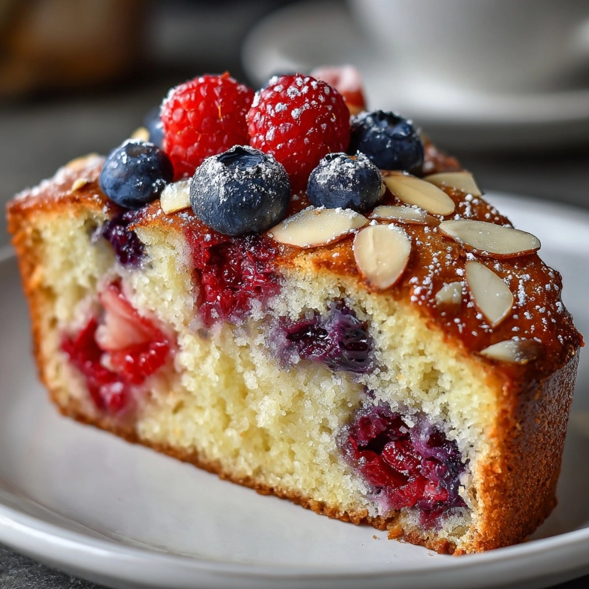 Golden-brown Protein Berry Yogurt Cake, studded with juicy mixed berries and sliced almonds.