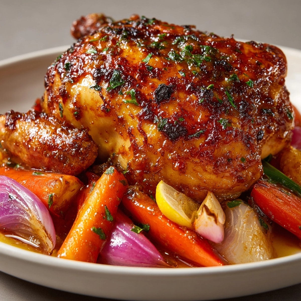 Golden Mango Chutney Roast Chicken with smoky paprika and vegetables, ready to carve.