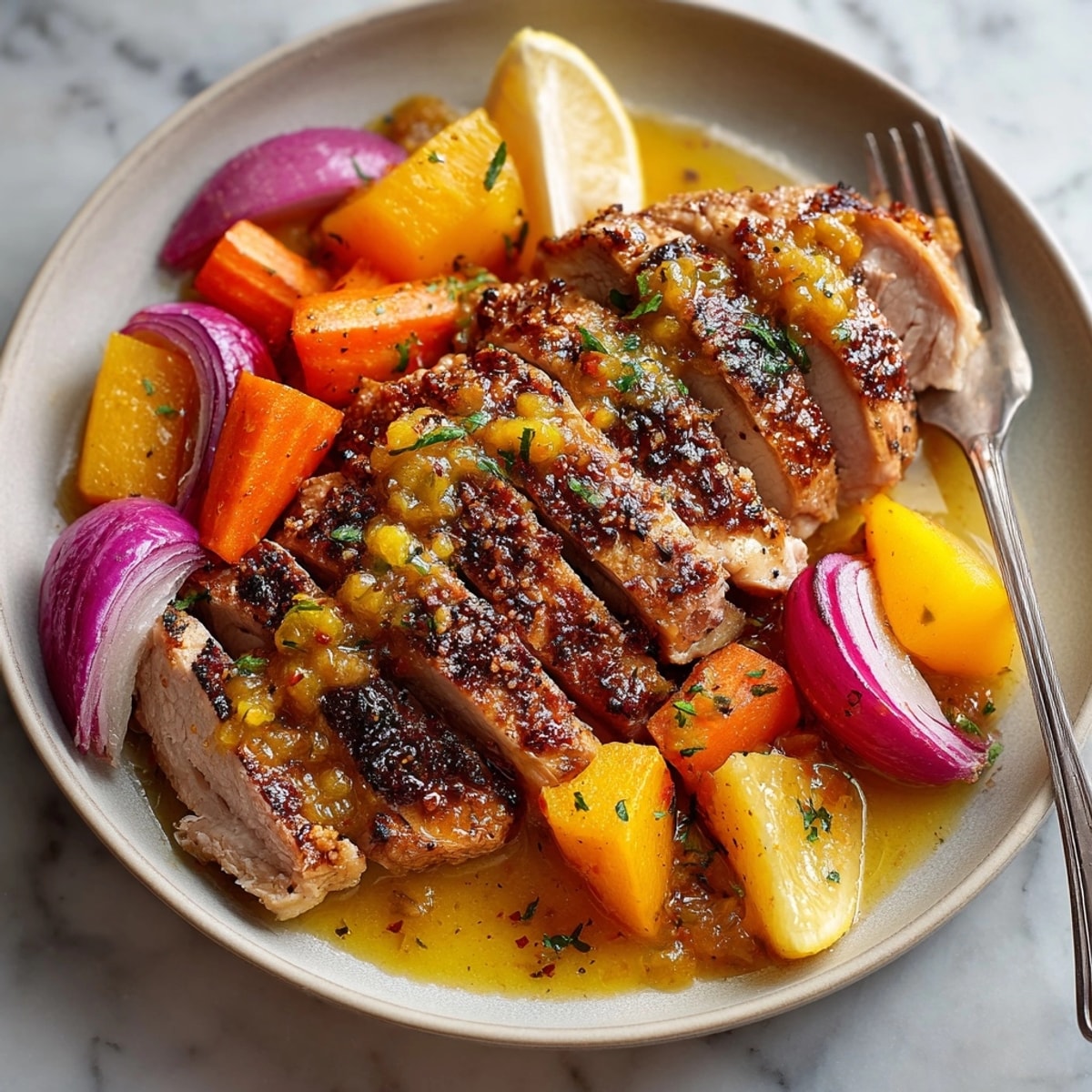 Juicy Mango Chutney Roast Chicken, a fusion dinner with fragrant spices and roasted lemon.