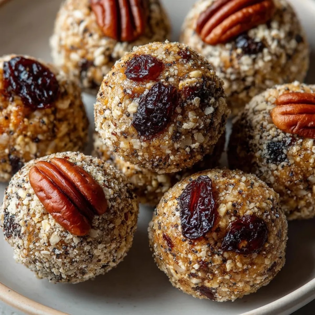 Close-up of delicious Cinnamon Bun Energy Balls, rolled in nuts and cinnamon for serving.