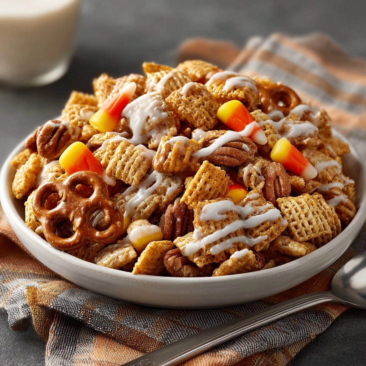Homemade Pumpkin Spice Chex Mix baking on a sheet, ready for the Halloween party.