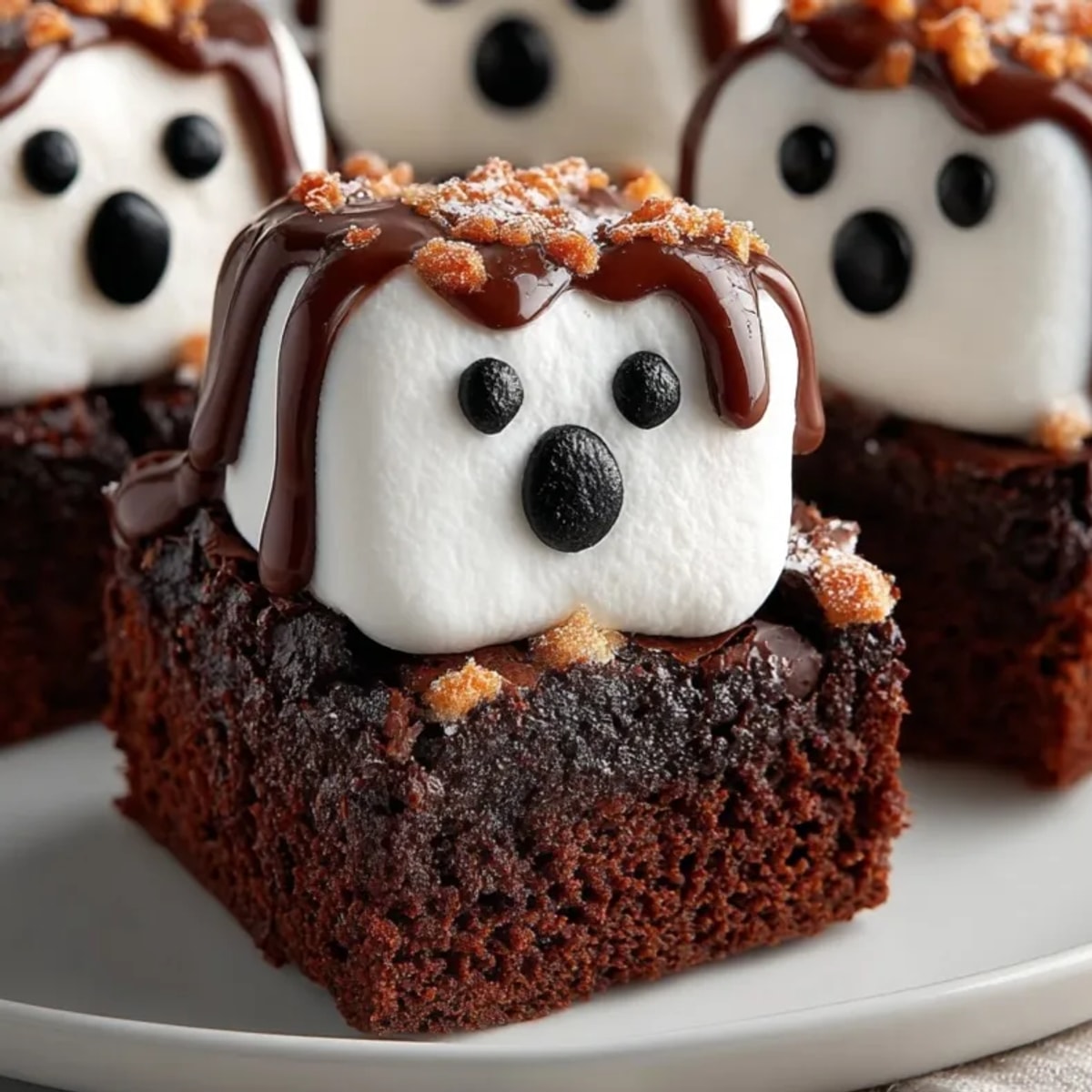 Fudgy Marshmallow Ghost Brownies: Silky white chocolate drapes over marshmallow ghosts on rich cocoa squares.