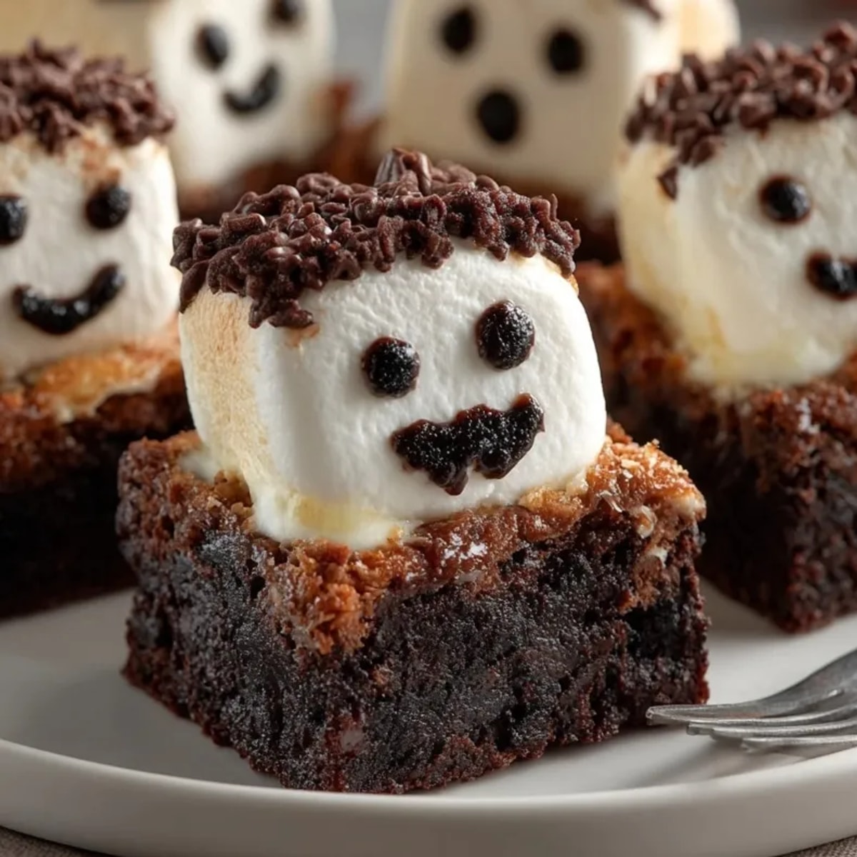 Homemade Marshmallow Ghost Brownies glistening with melted white chocolate, playfully decorated for a spooky snack.