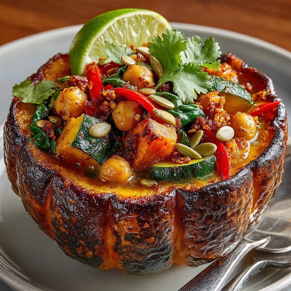 Warming Cauldron Curry, brimming with tender vegetables, served inside a roasted pumpkin.