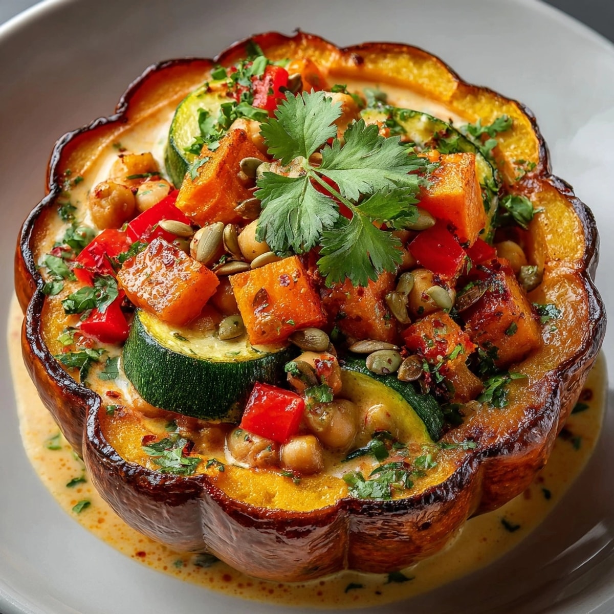 A vibrant, delicious Cauldron Curry, ready to be enjoyed from roasted pumpkin bowls.