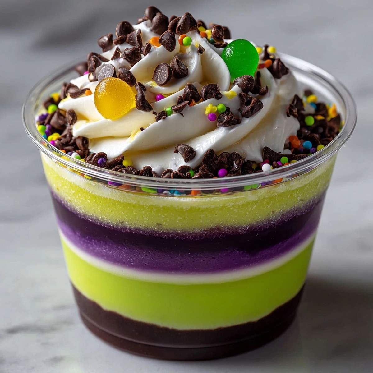 Layers of spooky green-purple Sugar-Free Witch’s Brew Jello Cups with piped whipped topping.