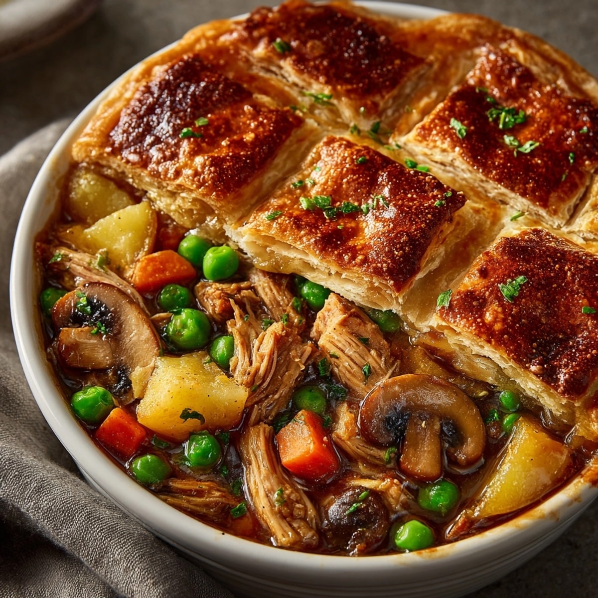 Golden vegan Jackfruit Pot Pie, bubbling hot, straight from the oven, ready to serve.