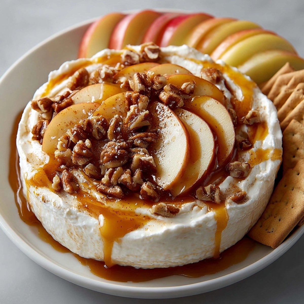 Rich Caramel Apple Cheesecake Dip, a perfect bite of sweet, salty dessert.
