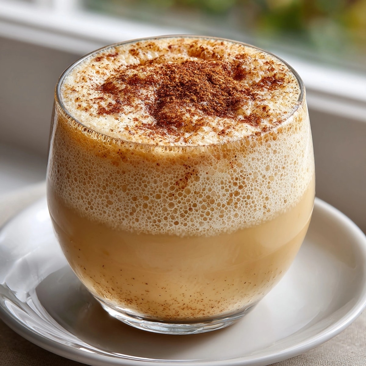 Creamy Homemade Non-Alcoholic Eggnog: A festive holiday drink with nutmeg-dusted top.