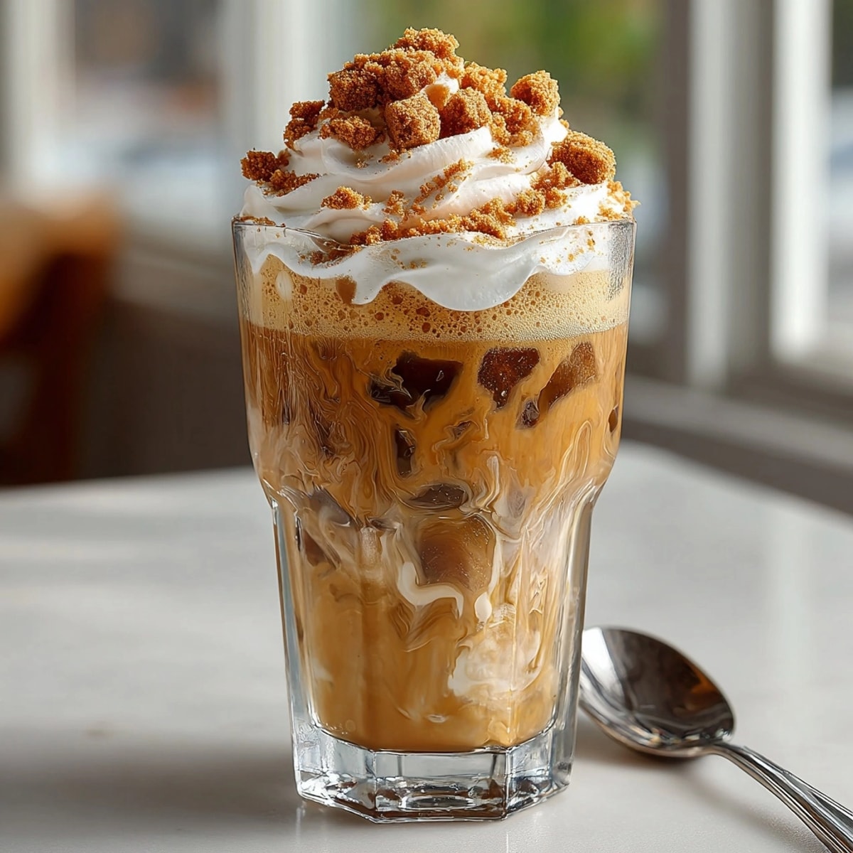 Close-up of a frosty Iced Biscoff Latte, swirling with milk, coffee, and caramel notes.