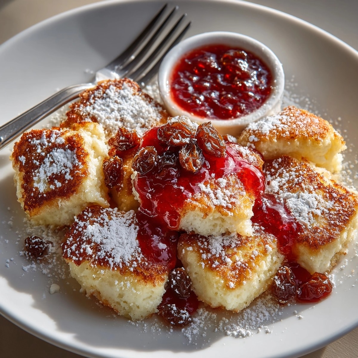 Golden brown Scrambled Pancakes (Kaiserschmarrn) dusted with powdered sugar and served with berries.