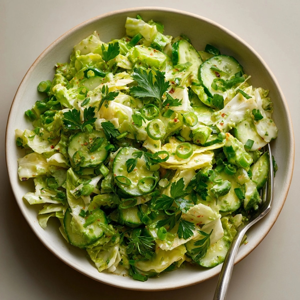 Close-up of vibrant Green Goddess Salad, glistening with creamy homemade dressing and fresh herbs.