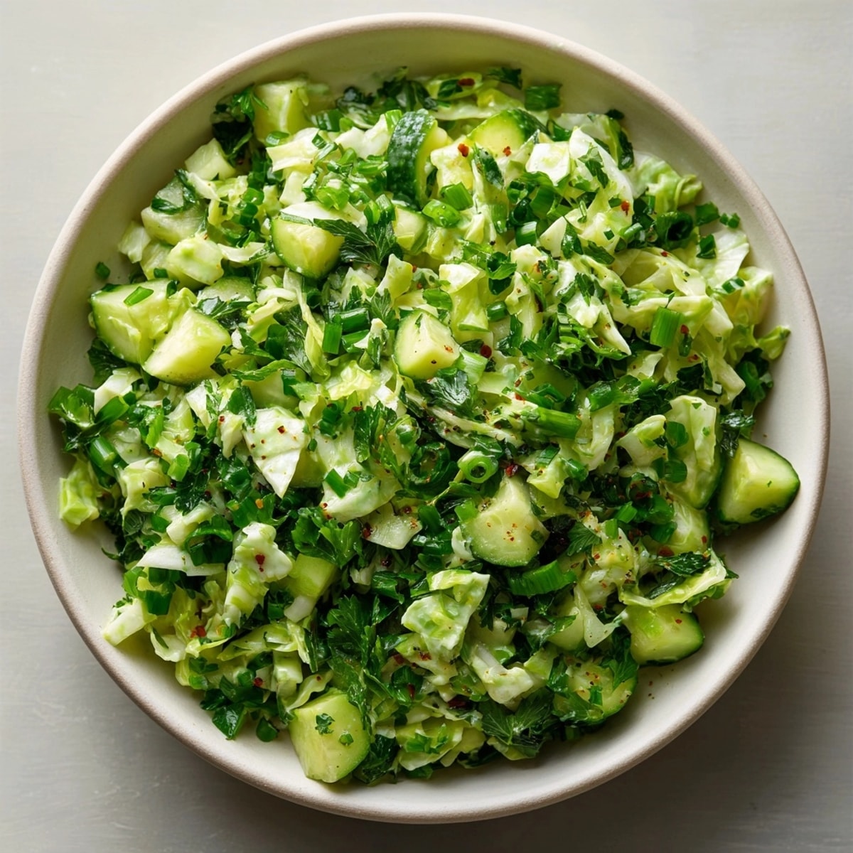 Top-down shot of colorful Green Goddess Salad, showing off the crunchy cabbage and herbs.