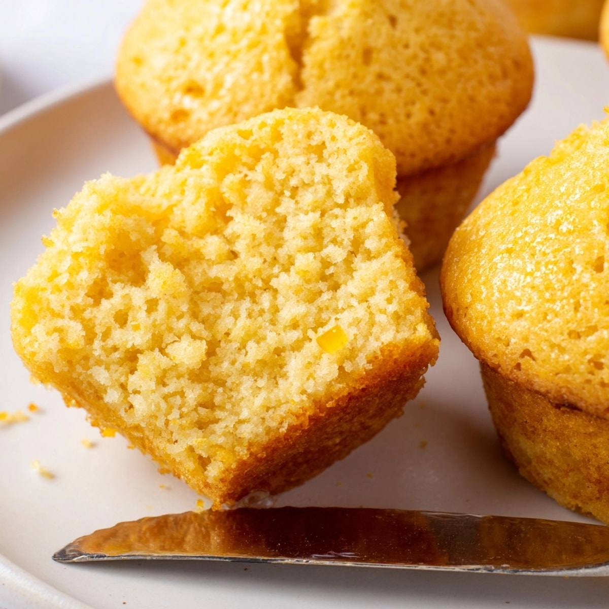 Freshly baked cornbread muffins, warm and golden-brown, ready to be served with butter.