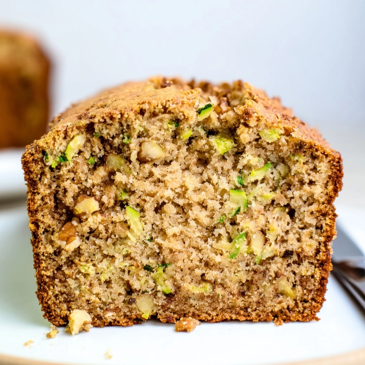 A close-up of soft, delicious Zucchini Bread, showing the tender crumb and vibrant green flecks.