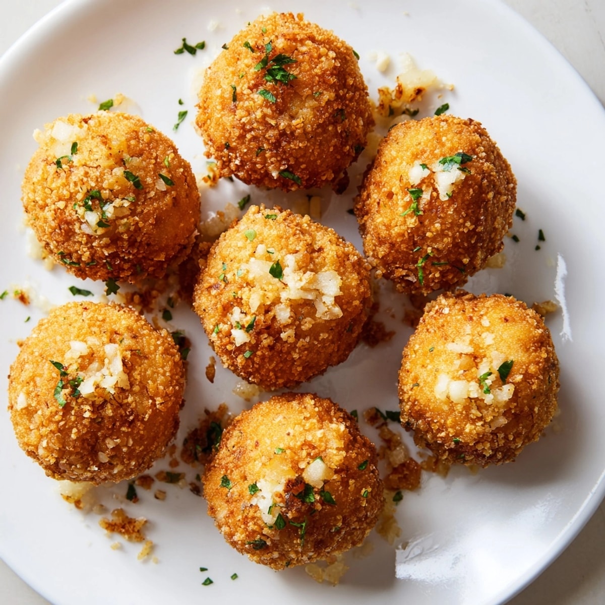 Golden fried cheesy garlic potato rice balls served hot, perfect appetizer.