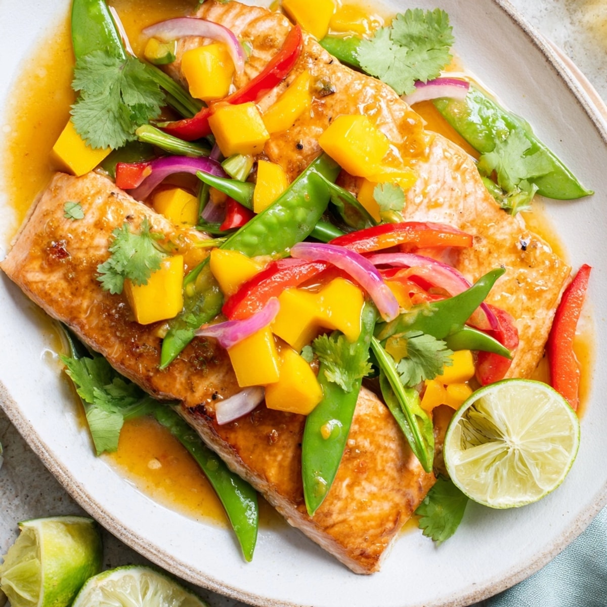Close-up of a vibrant Mango Lime Salmon Sheet Pan ready to serve.