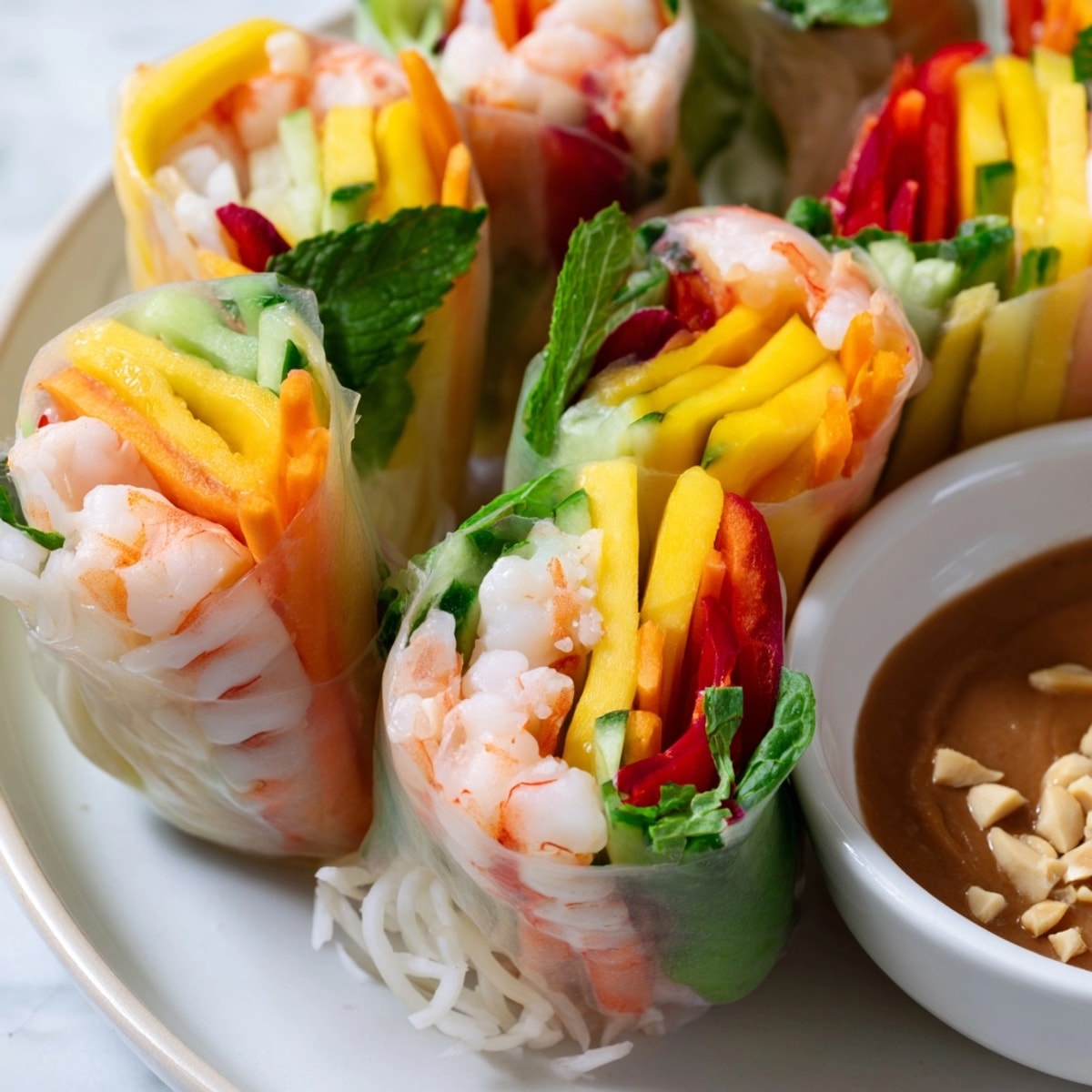 Close-up reveals fresh Shrimp and Mango Spring Rolls with vibrant herbs and dipping sauce.
