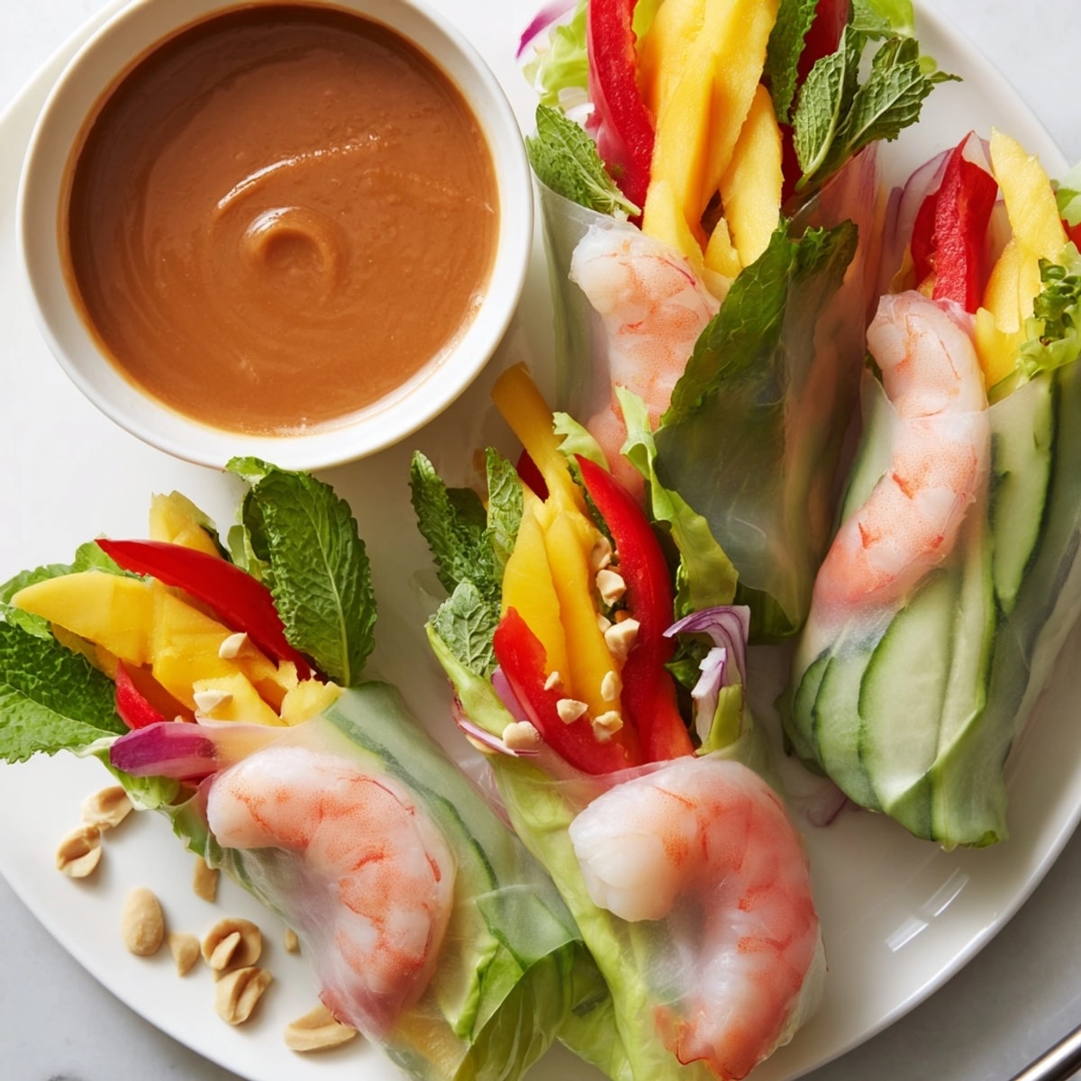 Imagine biting into summer: sweet Shrimp and Mango Spring Rolls with peanut-hoisin dip.