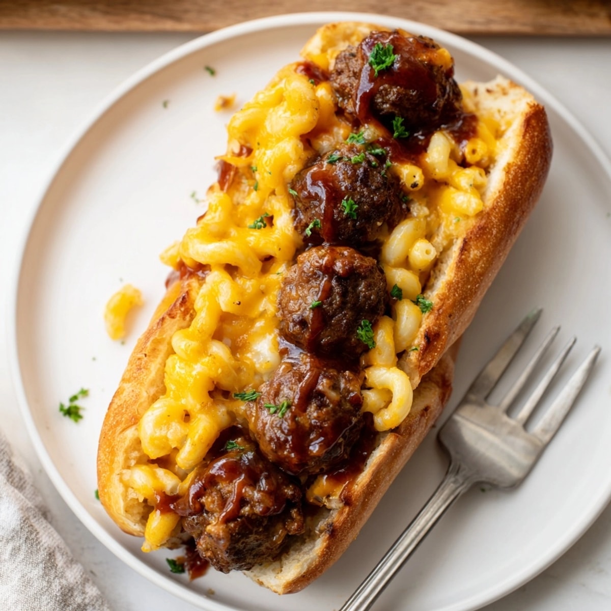 Mac and Cheese BBQ Meatball Subs: Toasted rolls overflowing with creamy, cheesy goodness.