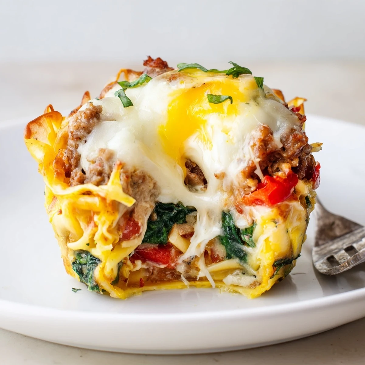 Spicy Lasagne Soup Egg Muffins nestled in a golden muffin tin, bursting with melty cheese.  