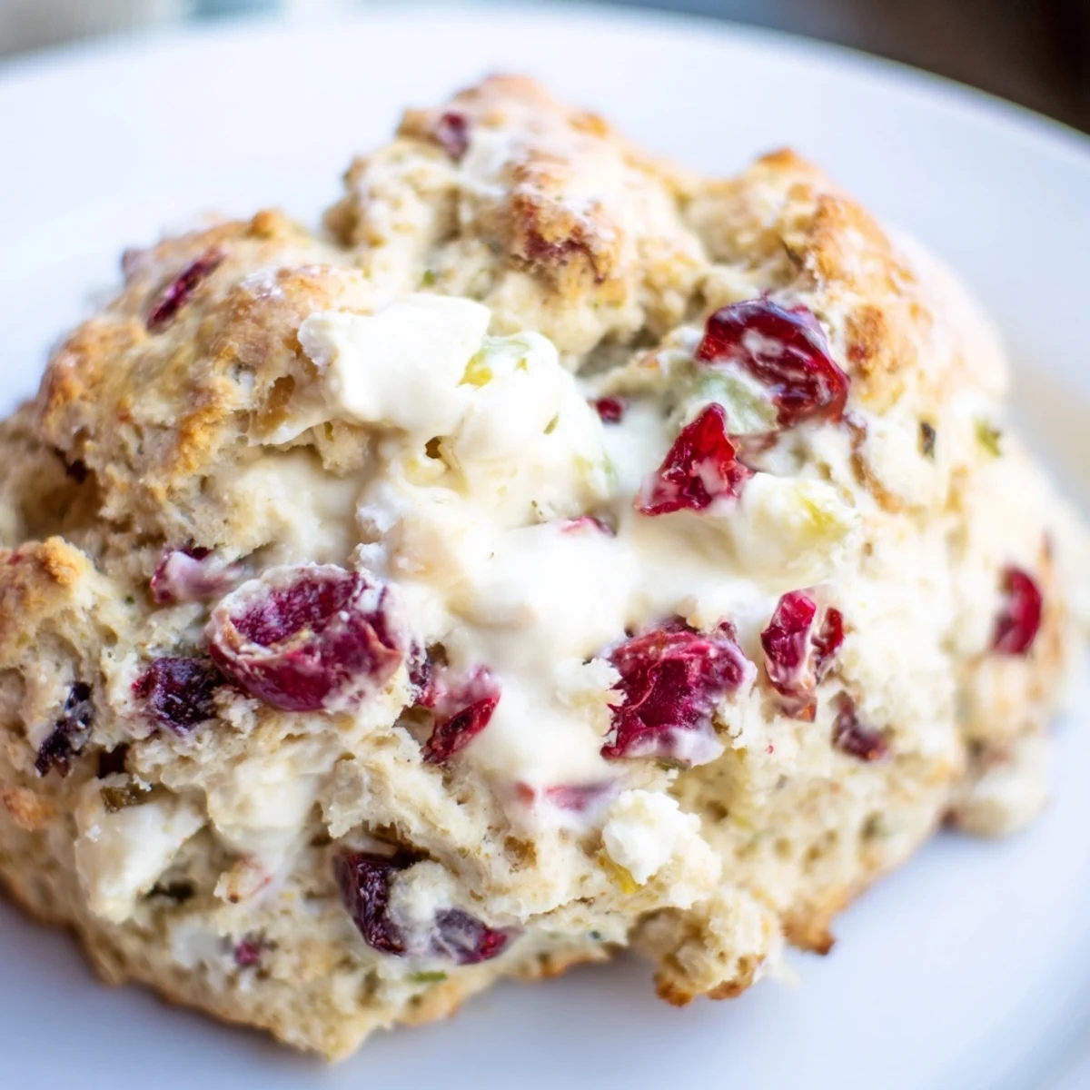 Flaky cranberry jalapeño dip scones topped with coarse sugar, perfect for brunch.