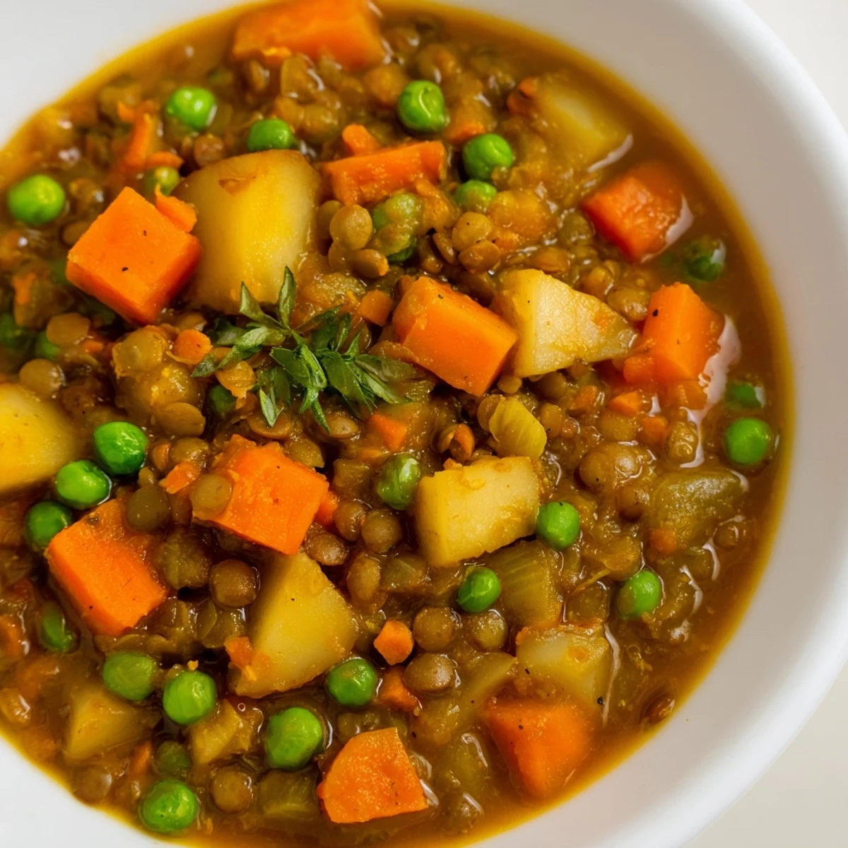 A steaming bowl of Japanese Curry Lentil Soup, filled with vibrant vegetables.  
