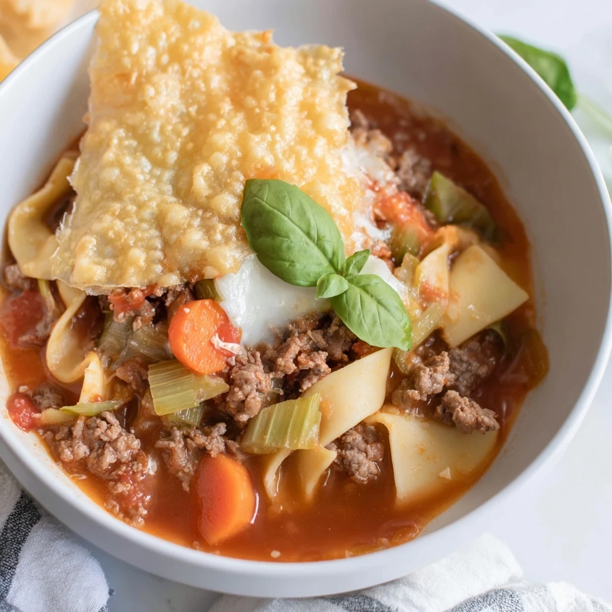 A bowl of Lasagne Soup with crunchy Parmesan crisps and fresh basil garnish.  