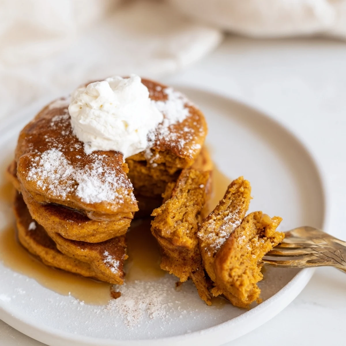 Fluffy Gingerbread Pumpkin Muffin Pancakes topped with maple syrup and whipped cream.  