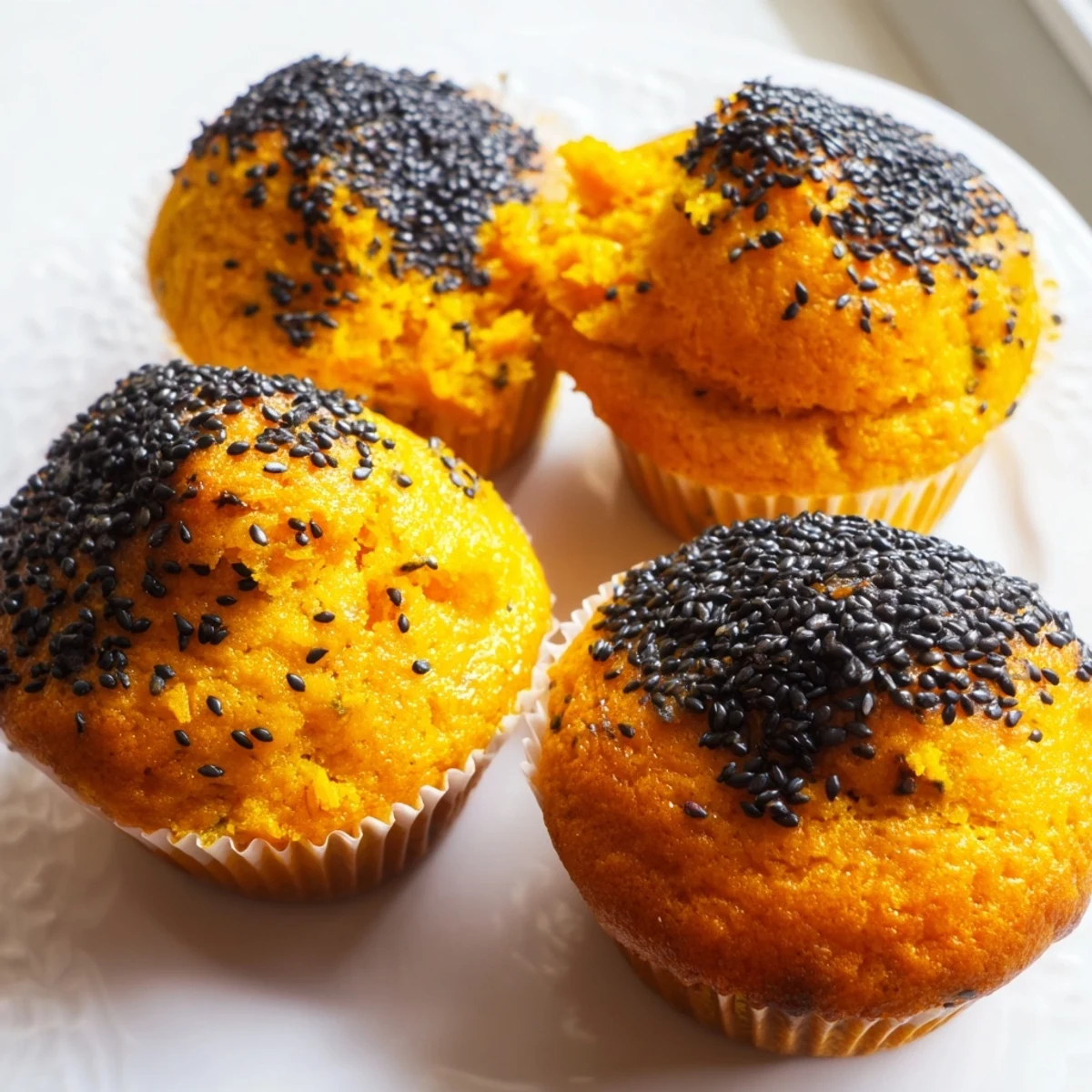 Moist Japanese sesame pumpkin muffins topped with crunchy black sesame seeds.  