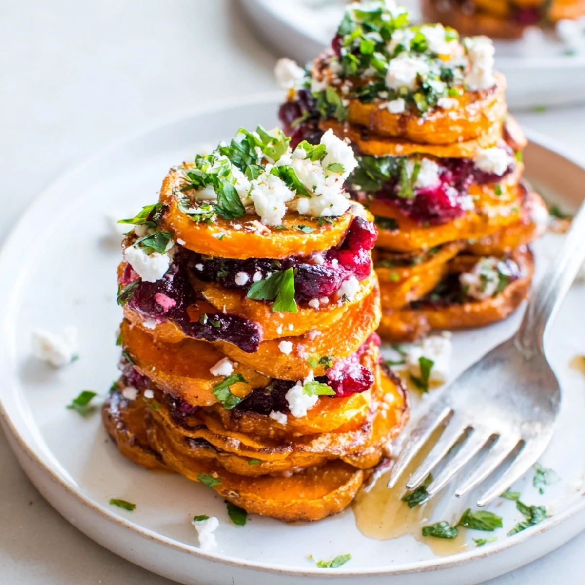 Festive cranberry jalapeño dip enriches savory roasted sweet potato stacks.  