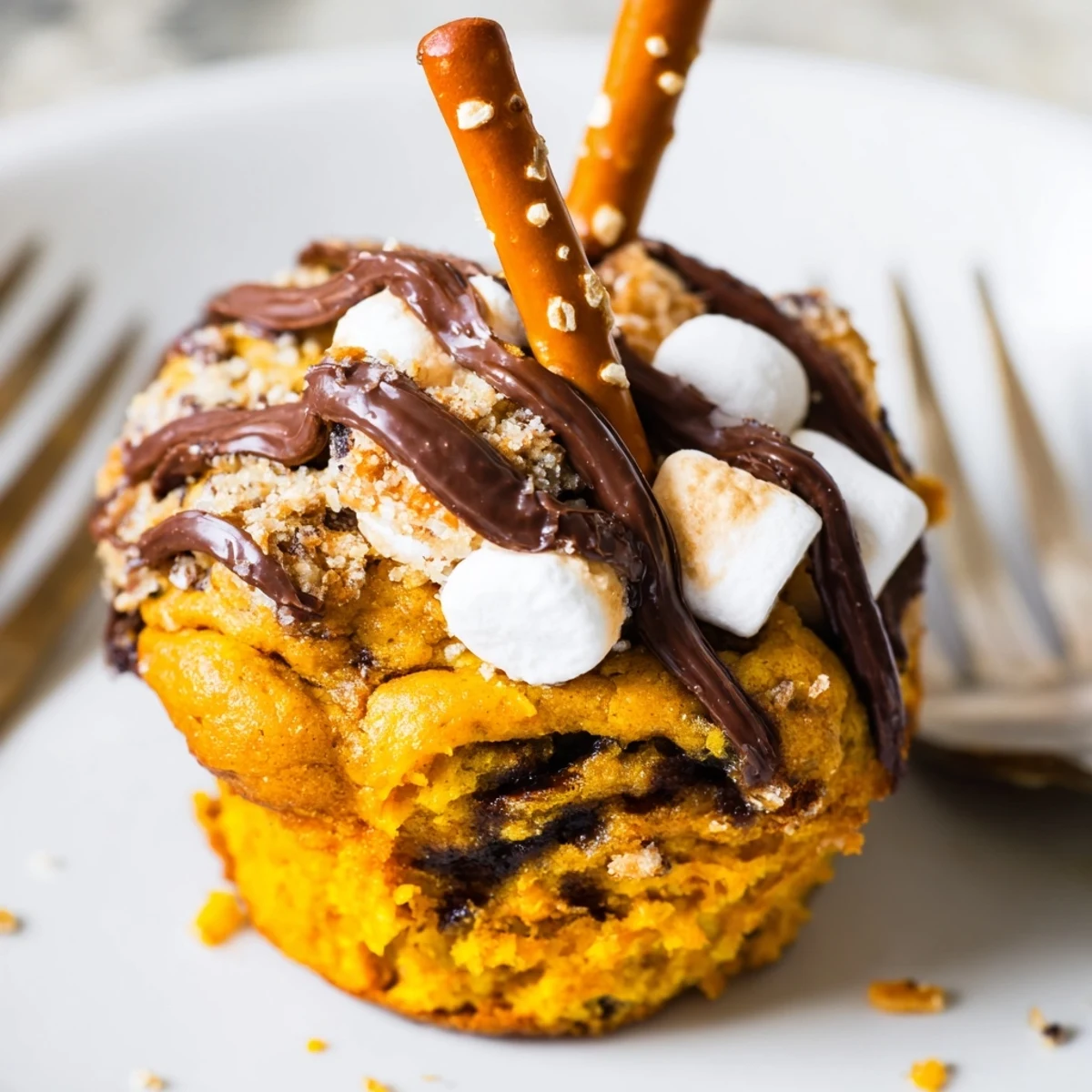 Delicious Smores Pumpkin Pretzel Muffin Sticks, drizzled with melted chocolate and marshmallows.  