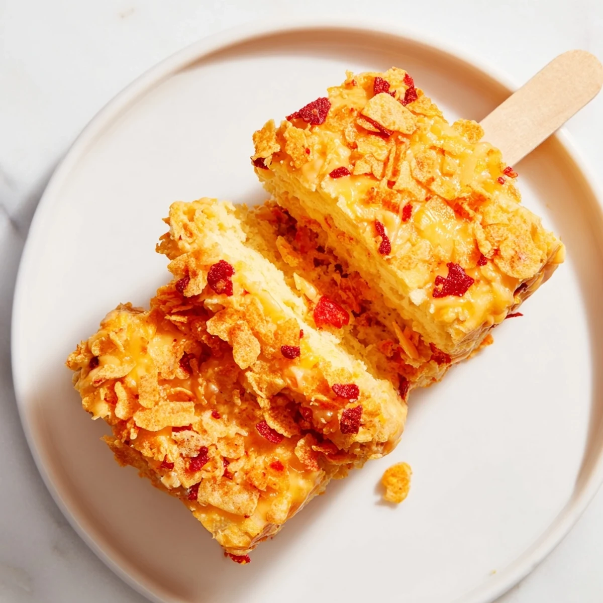 Cheesy and fiery Flamin Hot Spicy Cheddar Biscuit Pops served on wooden sticks.